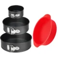 Kohlenstoffstahl Springform Kuchenform Set mit roter Silikon Backform antihaft Backgeschirr - Runde Springform Set + Rote Silikonbasis (Farbkarton)