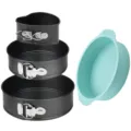 Set di 4 teglie per torte a cerniera antiaderenti e stampi in silicone per cucina. - Set Tortiere Cuore e Tonde + Base in Silicone Blu (Scatola Colore)