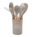 12-piece silicone kitchen utensil set with wooden handles and storage holder bucket for cooking. - Khaki