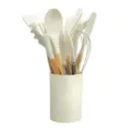 12-piece silicone kitchen utensil set with wooden handles and storage holder for cooking - Off White