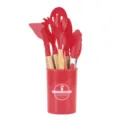 12-piece silicone kitchen utensil set with wooden handles and storage holder for non-stick cookware - Red