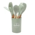 Silicone kitchen utensil set with wooden handles and storage holder for modern cooking. - Light Green