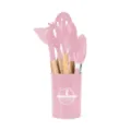 Pink silicone kitchen utensil set with wooden handles and storage holder for non-stick cookware. - Pink