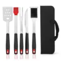 Stainless steel BBQ grill tool set with black carrying bag, 5-piece outdoor cooking kit. - 5-Piece Set with Cleaning Brush (Canvas Bag)