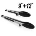 9 und 12 Zoll Edelsstahl Silikon Zangen Set, rutschfeste BBQ Grill Kochen Werkzeuge. - Mit Ständer Verpackt / 9+12 Zoll Set / Schwarz