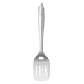 Stainless steel BBQ grill spatula with slotted design and hanging loop for outdoor cooking. - BBQ Spatula