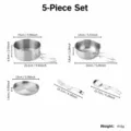 Portable stainless steel outdoor camping cookware 5-piece set with pots and tableware. - Five-Piece Set
