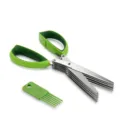 5-Layer Stainless Steel Herb Scissors Kitchen Tool with Cleaning Comb for Green Onions - Dark Green