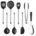 8-piece heat-resistant silicone kitchen utensil set with stainless steel handles for cooking. - 8Pcs Set / Black