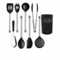 Silicone kitchen utensils set with stainless steel handles, 9-piece cooking tool set - 9-Piece Set / Black