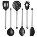 Stainless steel handle black silicone kitchen utensil set, heat resistant cooking tools. - 6-Piece Set / Black