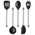 Silicone kitchen utensils set with stainless steel handles, heat resistant cooking tools. - Pieces Set / Black