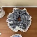 Black gingham hair scrunchie with white lace, sweet ballet style ponytail accessory detail. - B Style-Lace Black Grid