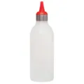 Plastic squeeze condiment bottle with red cap for kitchen, sauce, ketchup, and barbecue use. - Narrow Mouth / Red