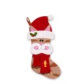 Detail view of the plush cat Christmas stocking with red Santa hat and festive tabby pattern. - Cat in Christmas Stocking