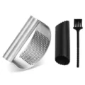 Stainless steel garlic press set with peeler and brush, ergonomic manual kitchen tool. - Regular Garlic Press 3-Piece Set