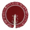Detail view of the red knitted Christmas tree skirt with white fringe and lace ties. - 24 Inch (ML-P1238A)