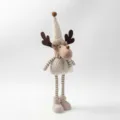 Khaki Christmas Reindeer Plush Toy with Knitted Hat Striped Scarf and Telescopic Legs Holiday Decor - Reindeer / Khaki