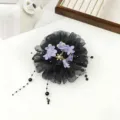 Black mesh flower hair claw with pearl tassel details, elegant hair accessory for styling. - Hydrangea Beaded Single Flower Hair Claw(A488) / Black