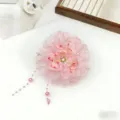 Detail view of pink floral hair claw with delicate pearl tassels, elegant accessory for hairstyles. - Hydrangea Beaded Single Flower Hair Claw(A488) / Light Pink