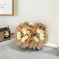 Detailed view of elegant brown fabric flower hair claw clip with pearls and floral decor. - Hydrangea Double Flower Hair Claw(A489) / Coffee