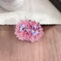 Pink fabric flower hair claw with purple floral details and beaded tassels, close-up view. - Hydrangea Beaded Double Flower Hair Claw(A490) / Deep Pink