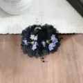 Detailed view of black floral hair claw clip with purple flowers, elegant accessory. - Hydrangea Beaded Double Flower Hair Claw(A490) / Black