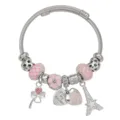 Bracciale con ciondoli argento DIY con perline rosa a quadri, trifoglio e Torre Eiffel. - Rosa