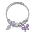 Bracciale rigido in acciaio inossidabile con ciondoli farfalla e foglia di cristallo viola. - Viola