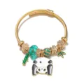 Bracciale rigido in acciaio inox con panda verde e ciondoli di bambu per gioielli donna. - Taglia Grande