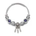 Fashion stainless steel cable wire open bracelet with DIY hollow dreamcatcher and blue crystal charms. - White K/Silver
