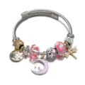 Bracciale con ciondoli in acciaio inox rosa con gatto e luna per donne e ragazze. - Luna e gatto