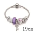 Pandora Stijl Zilveren Slangenketting Armband met Paarse Kralen en Sleutelhanger 19cm - 19cm / Paars