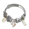 Edelstahl DIY Bettelarmband mit Strasssteinen, Mustperlen und niedlichem Katzenanhänger. - Weiße Katze
