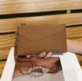 Brown leather clutch bag for women, large capacity wristlet wallet with zipper and envelope flap. - Brown