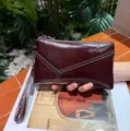 Vintage genuine leather women clutch bag with wrist strap burgundy mobile phone coin purse. - Wine Coffee