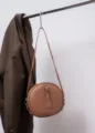 Vintage round leather crossbody bag, stylish brown top grain cowhide circle handbag. - Brown