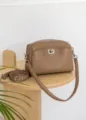 Genuine leather crossbody shoulder bag with metal lock closure and adjustable strap detailed view. - Length 22 Width 18 Height 9.5 / Khaki