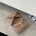 Brown leather envelope card holder minimalist coin purse luxury style snap button wallet design - Khaki