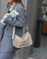 Stylish genuine leather hobo shoulder bag for women, casual commuter crossbody bag with wide strap. - Gray