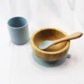 Blauwe siliconen beker en houten babykom set met zuignap basis en lepel voor kinderen. - 101-200ml / Blauw