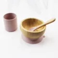 Kindersiliconen bekertje en houten zuignap kom lepel set, roze babyvoeding servies voor dagelijks. - 101-200ml / Roze