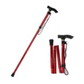 Portable folding walking stick with T-handle and wrist strap, red aluminum shaft. - Red