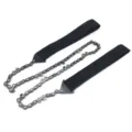 Portable outdoor pocket chainsaw detail, high-strength steel chain with durable black nylon handles. - Black