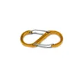 Close-up detail of a gold aluminum alloy S-shaped carabiner with dual spring wire gates. - Yellow