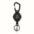 Porte-clés mousqueton rétractable noir avec câble en acier pour utilisation extérieure. - Boucle Rétractable Diamant avec Logo