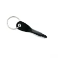 Close-up detail of a portable black screwdriver bit keychain tool with metal ring. - Single Phillips / Black