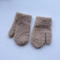 Kids warm fleece mittens in soft beige color, comfortable winter thermal gloves for children. - S / Khaki