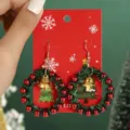 Boucles d'oreilles couronne de Noël en alliage avec carte, charmant bijou festif. - Boucles d'Oreilles Couronne Verte avec Cloche (SD1197)