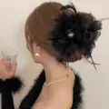 Black feather hair claw clip elegant mesh hair accessories for women bun maker styling tools - Black